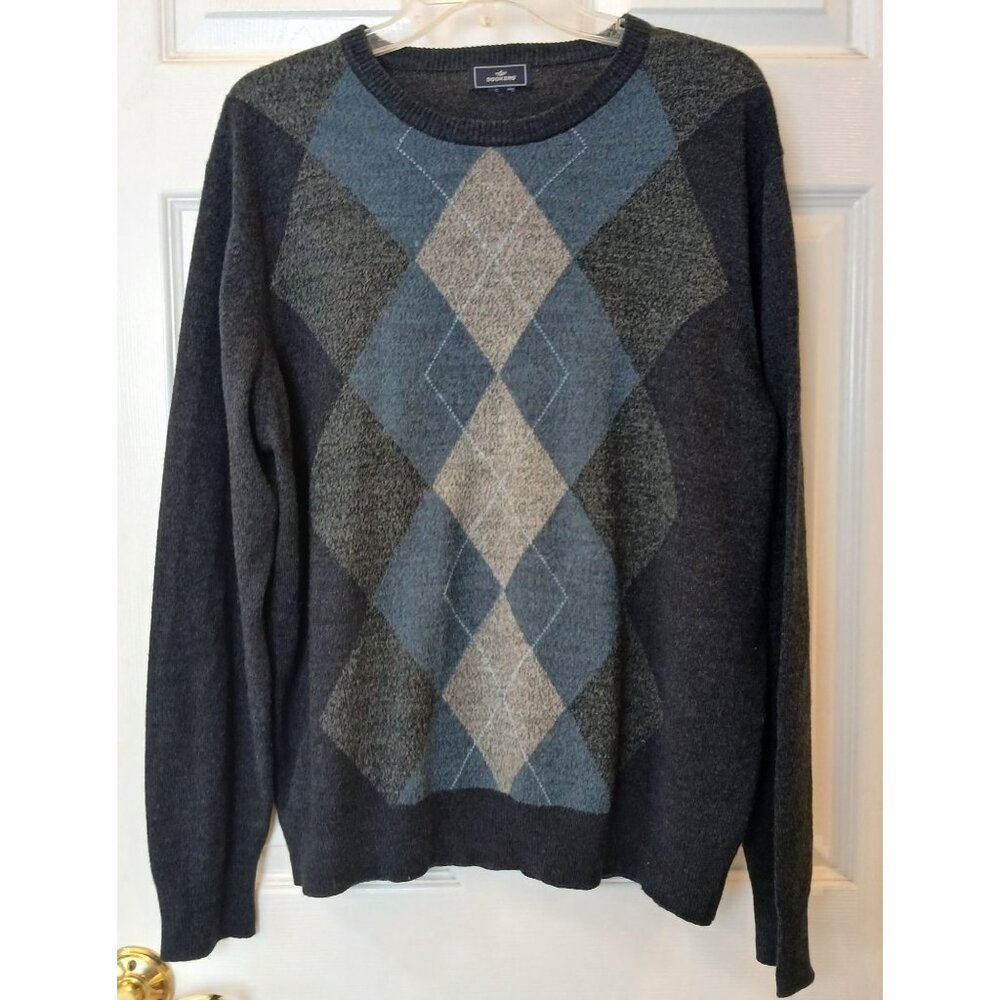 Dockers Mens XL Argyle Sweater Long Sleeve Crew Neck Gray & Blue Grandpa #D-51